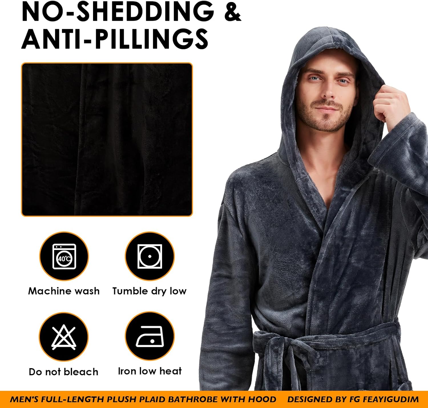 Mens Plush Plaid Hooded Robe, Full Length Fleece Big and Tall Bathrobe with Hood(Grey, S/M) - Image 4