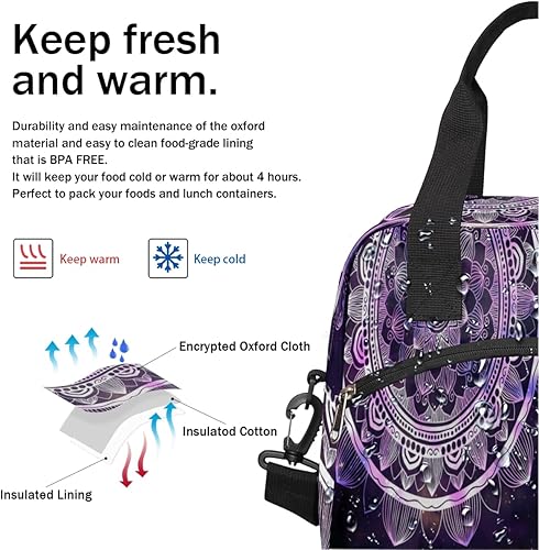 Miniatura 6 de Lonchera bohemia con mandala morada, bolsa aisladaenfriadora para mujeres, hombres, niñas, niños, flores étnicas, floral, bolsa de almuerzo con