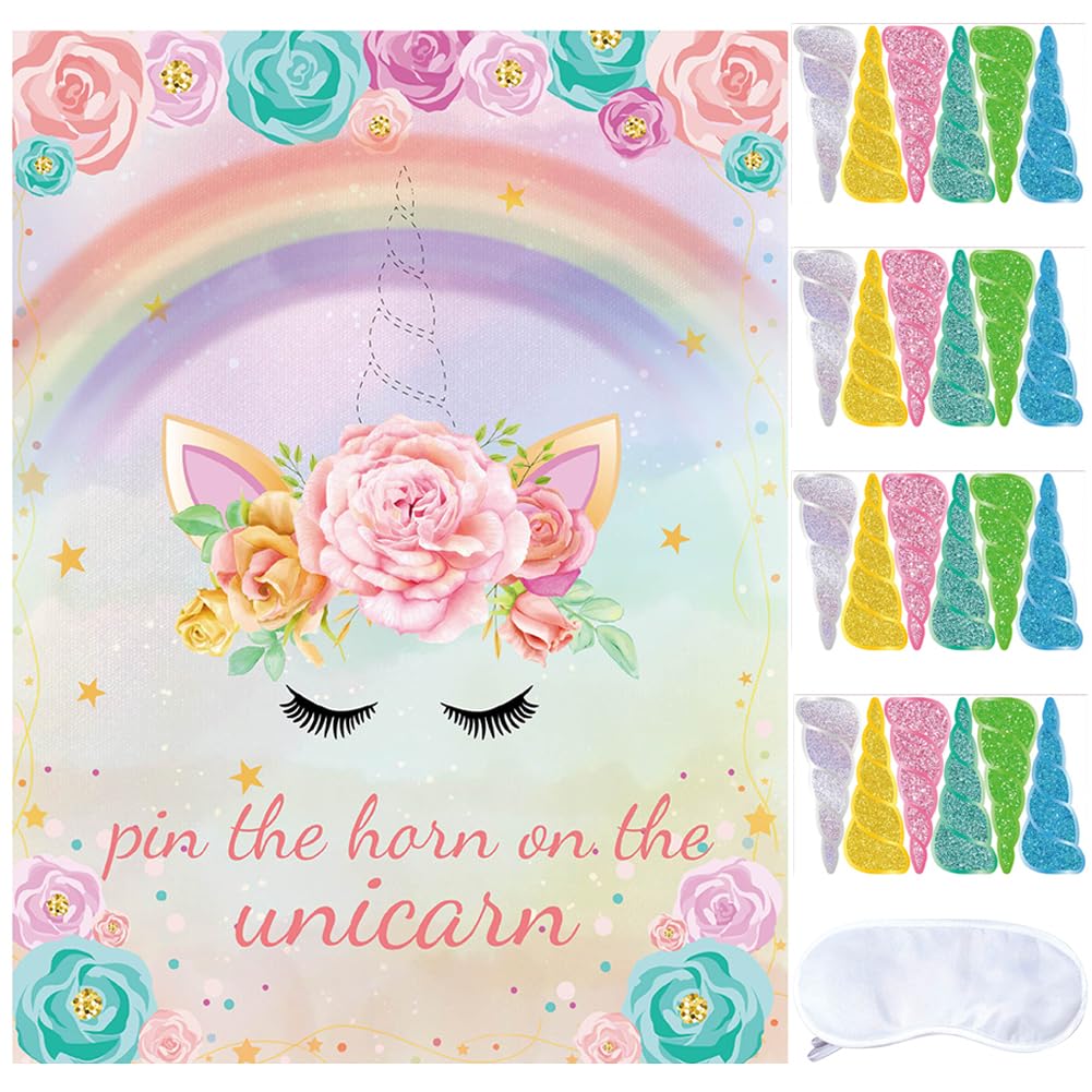 Pin The Horn On The Unicorn Party Gioco,Interattivo Unicorno A Tema Gioco Decorazioni Kit,Con 24 Corna Poster Maschera Per Gli Occhi, Per Feste Di Compleanno Per Bambini