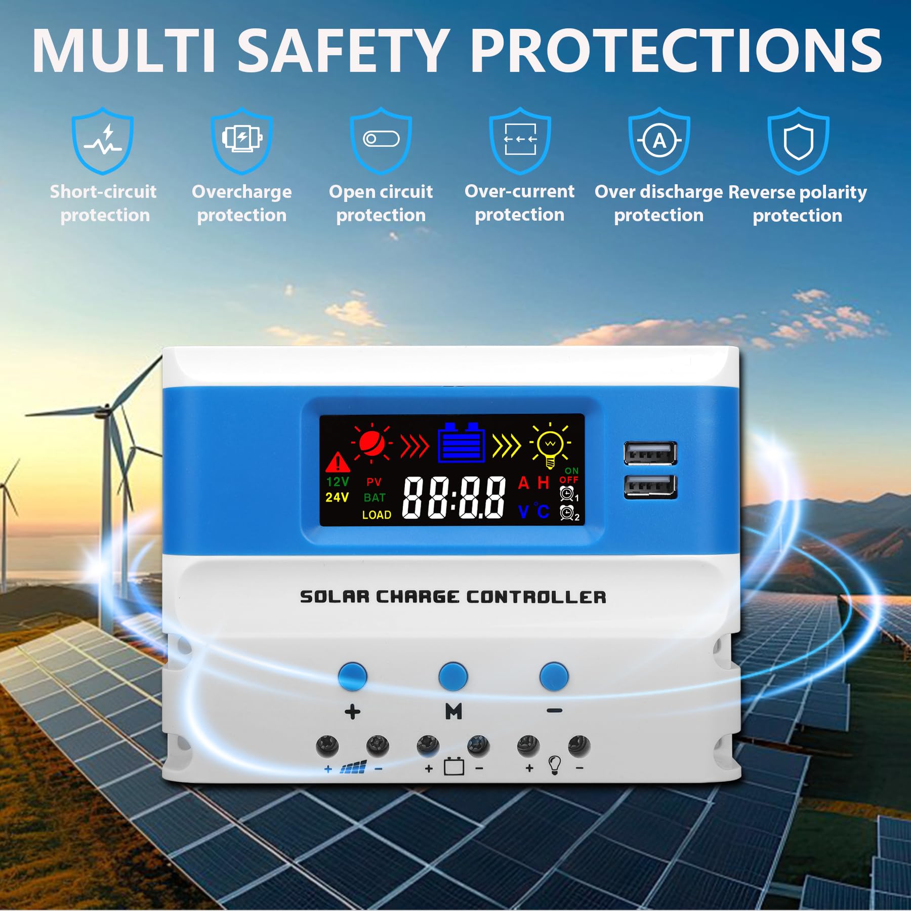 NUOWEIDE 30A PWM Solar Laderegler 12V/24V – Mit Temperatursensor, 2 USB-Ports 5V/2A, Für Blei-Säure- Und Lithium-Batterien (LiFePO4)