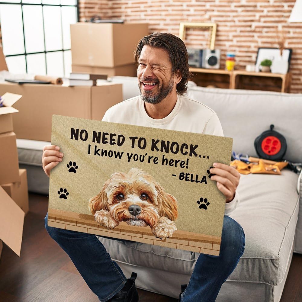 Personalized Funny Welcome Doormat American Pit Bull Terrier Dog Custom Name Photo Floor Mat Entrance Way Decor Rug for Dog Lovers No Need to Knock I Know You are Here 17.7" x 27.5"