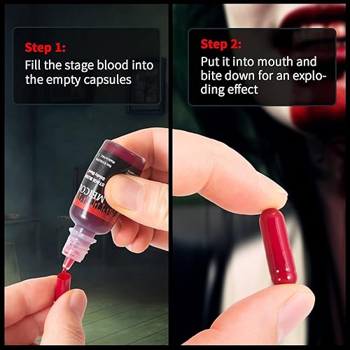Miniatura 3 de MEICOLY Sangre falsa comestible de 0.5 onzas con 6 paquetes de cápsulas vacías, lavable en escenario de sangre falsa, sangre falsa pegajosa realista