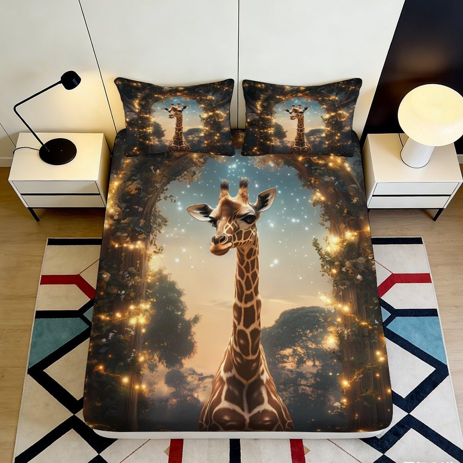3D Printed Giraffe Forest Fitted Sheet Microfiber Deep Pocket Non-Slip Bedroom Bedding Giraffe Mattress Fitted Cover Washable Elastic Hem 90x200x25cm