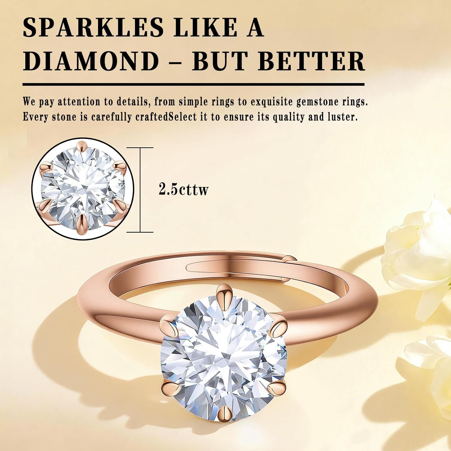 Round Cut Solitaire Engagement Ring for Women, 14K Rose Gold Plated 2.5CT Moissanite Wedding Ring, Classic 6 Prong Promise Ring，Wedding & Anniversary Jewelry Gift Adjustable Ring 4-10