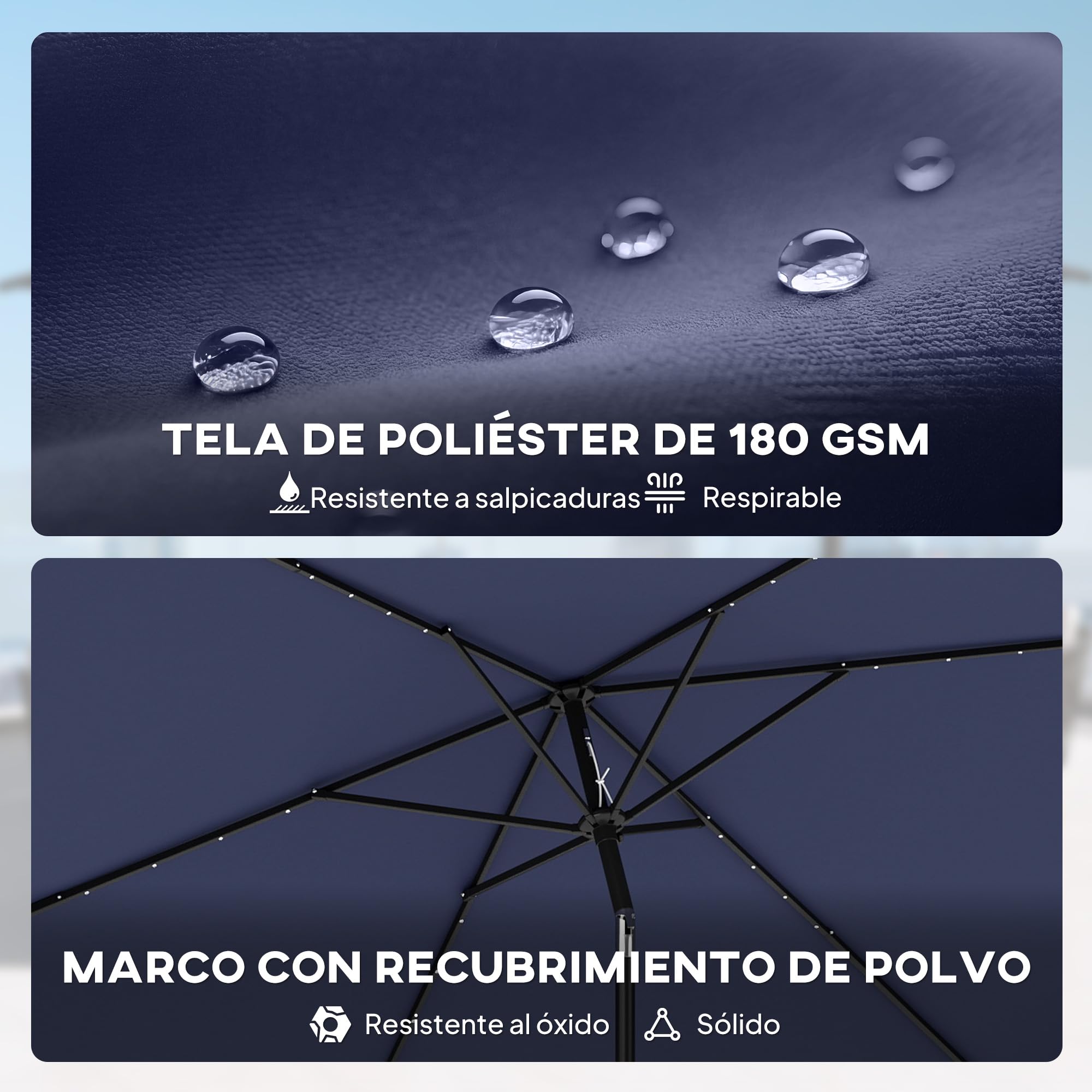 Outsunny Sombrilla Terraza Exterior 2,9x2,5 m con 24 Luces LED | Sombrilla de Jardín, Solares, Dosel Inclinable, Poste Metálico, Parasol para Patio, Terraza