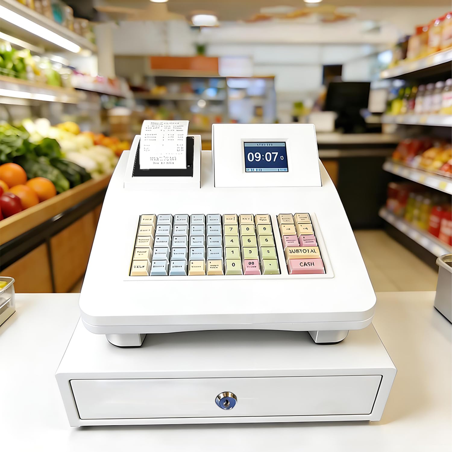 Caisse enregistreuse avec tiroir-Caisse, 48 Touches, détecteur de Faux Billets, 4 Fentes pour Billets et 4 pour pièces, idéale pour Les Petits commerces et Restaurants. White