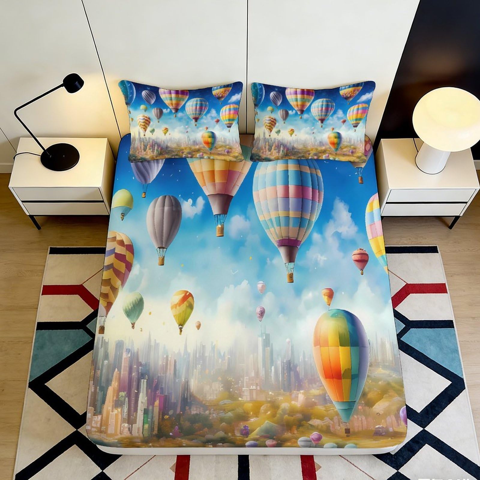 3D Printed Hot Air Balloon Fitted Sheet Microfiber Soft Breathable Sky Pattern Bed Cover for Bedroom Dormitory Guest Room Mattress Protection 120x200x25cm