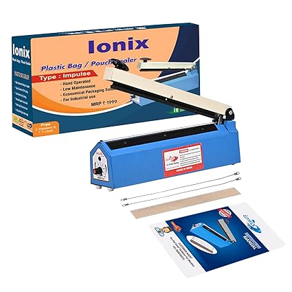 IONIX Sealing Machine, 8 Inch 1 Year Warranty, 2 Element Plastic Packing Machine, Plastic Bag Sealing Machine, Heat Sealer Machine, Plastic Sealing Machine, Vacuum Sealing Machine, (Blue)