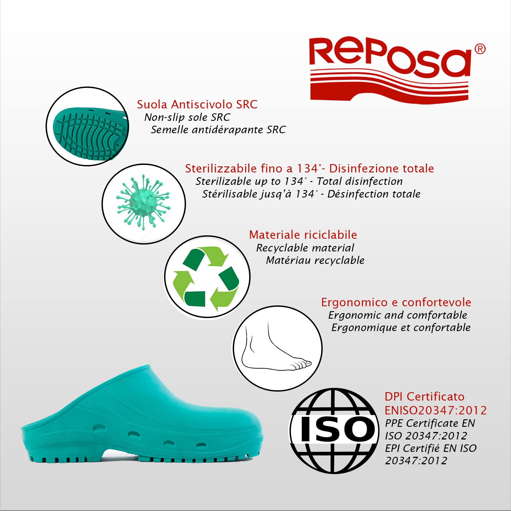 REPOSA Easy - Sabot Femme et Homme en Caoutchouc avec SRC Semelle Antidérapante, Sabot Femme Medical Infirmiere Unisex, Anatomique Sans Sangle - Sabot Femme Medical Antichoc, Stérilisable et Respirant