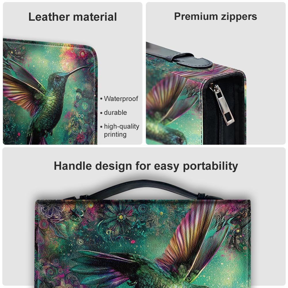 Hobbspring Hummingbird Bible Cover Case for Women Flowers Bible Cover with Bookmark Mystery Dreamy Durable Carrying Book Cases with Handle Zipper PU Leather Bags for Adults Students(Green Pink) - Image 4