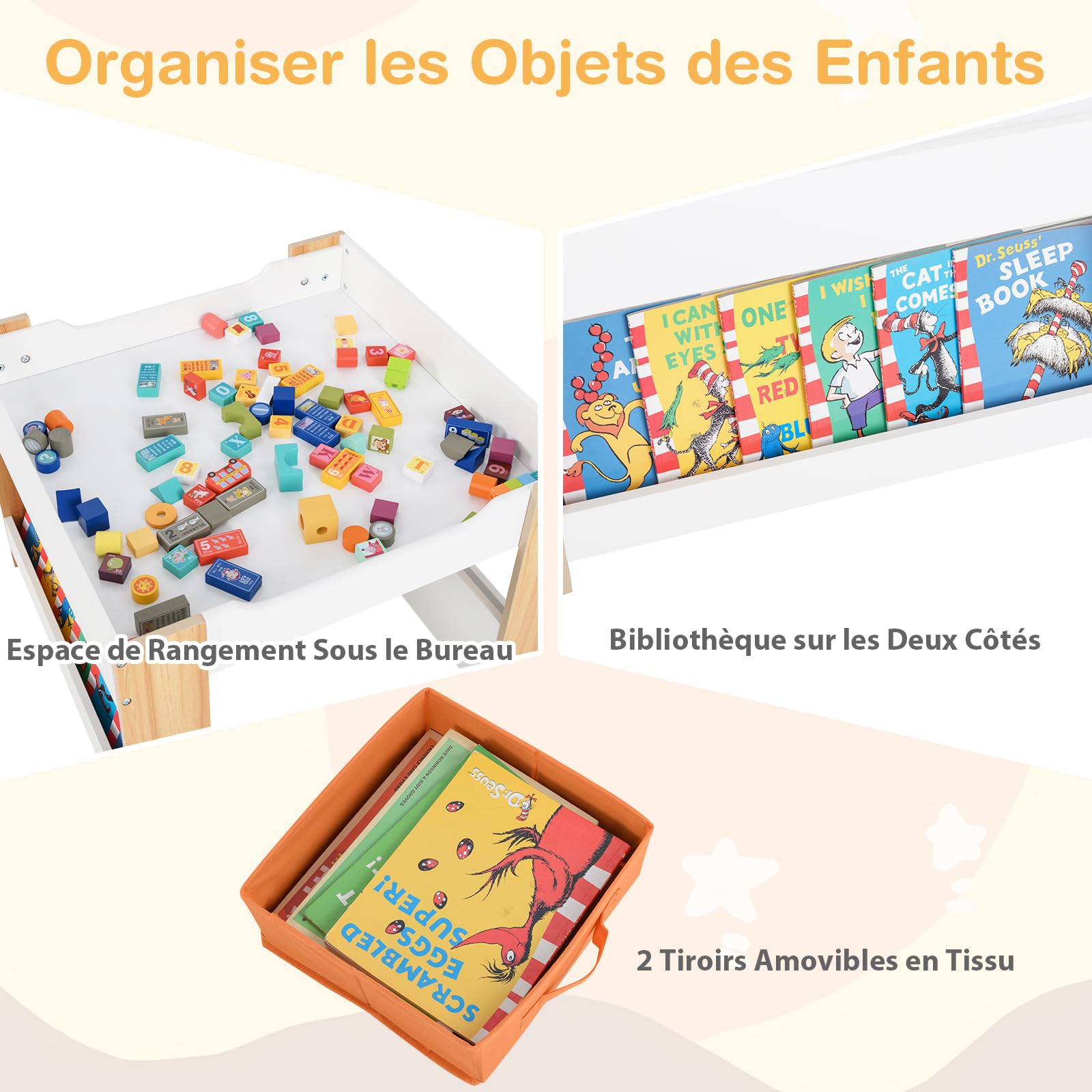 GOPLUS Table Enfant avec 2 Chaises, 4 en 1 Table de Dessin avec Plateau Réversible et Tableau Noir, Bureau Enfant avec Rangement Amovible, Étagères (Naturel)