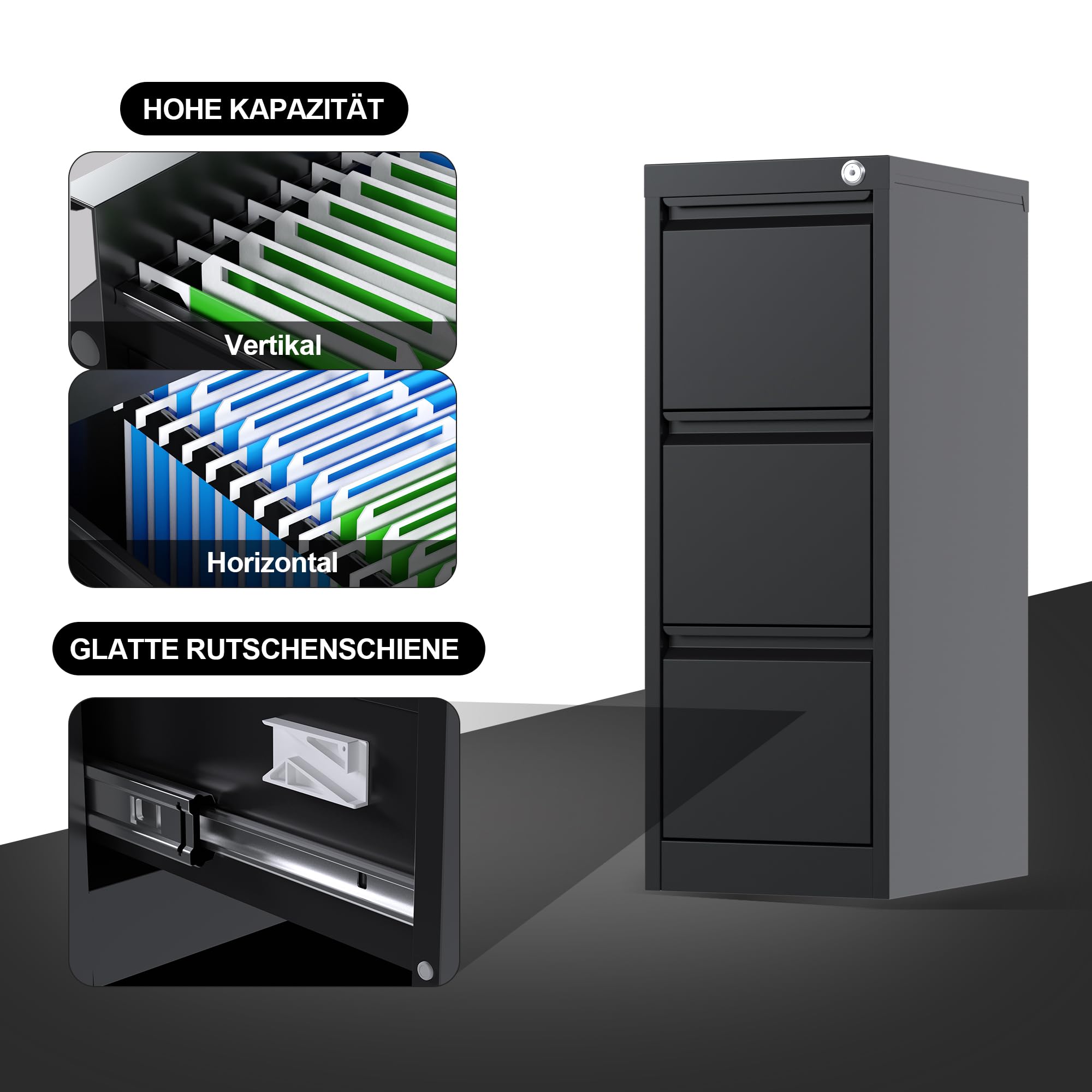 SUPEER Armario Archivador Metálico, 3 Cajonera Oficina, Bloqueable, Incluye 2 Llaves, Dispositivo de Inserción, Muebles Oficina - 103x38x45cm(Negro)