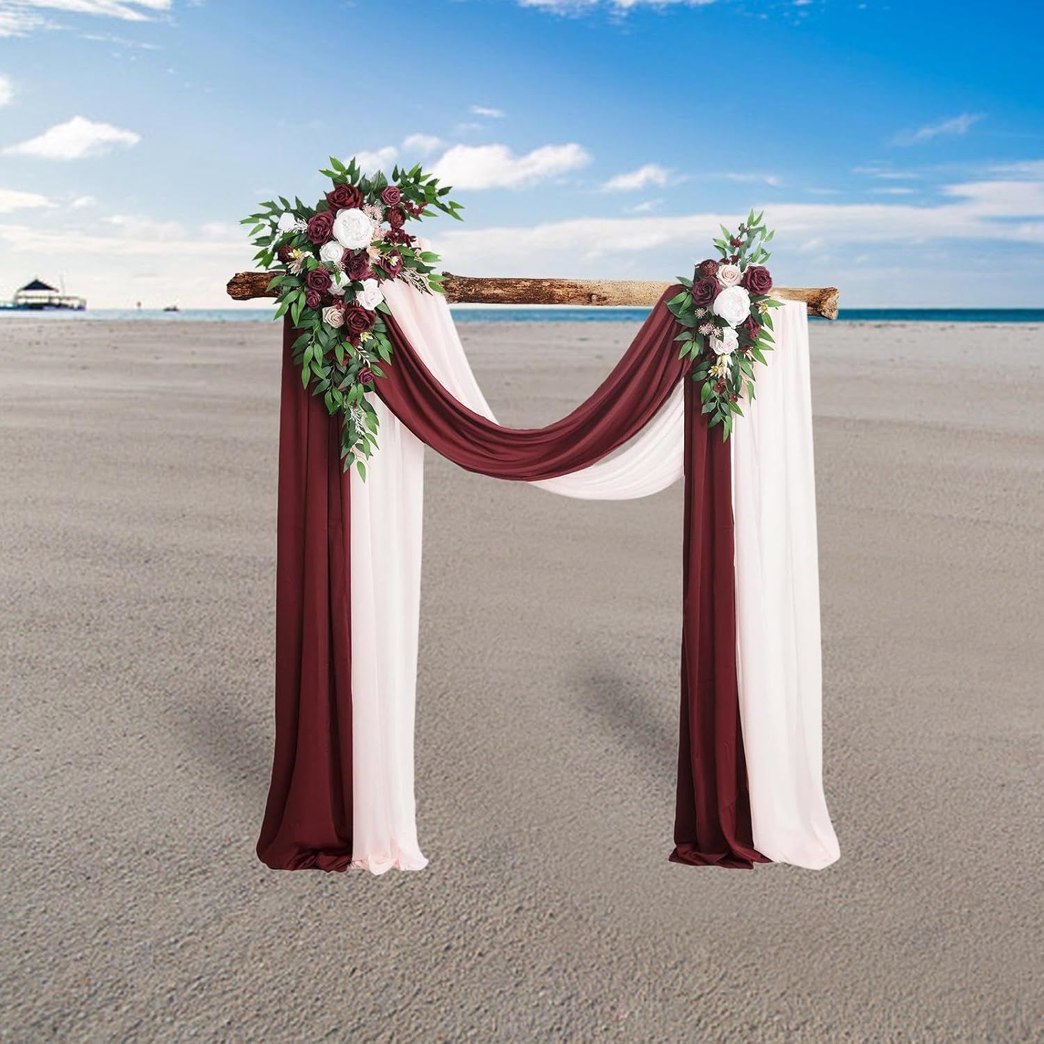Wedding Arch Floral Arrangement with Decorative Swag and Drape, Red