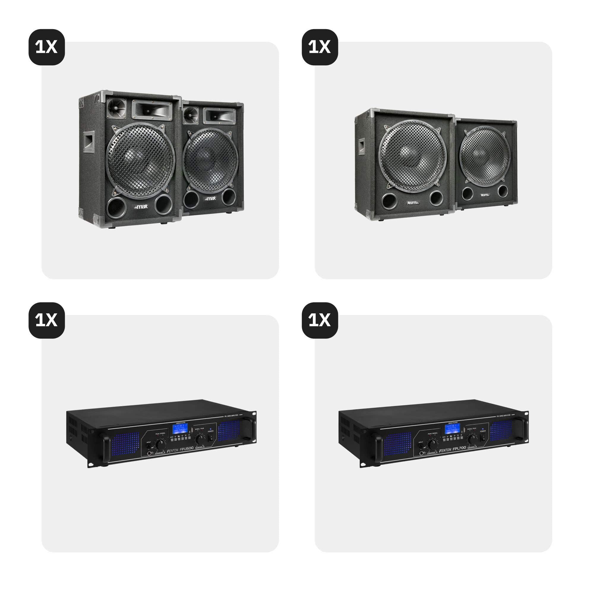MAX-1215 - DJ Boxen Komplett Set Anfänger - 2200 Watt Peak - 2.2 DJ-Set - 2X Subwoofer, 2X Topteile, 2X Verstärker für Subs und Topteile, Tripod Stative, Kopfhörer, Mikrofon und DJ Mischpult