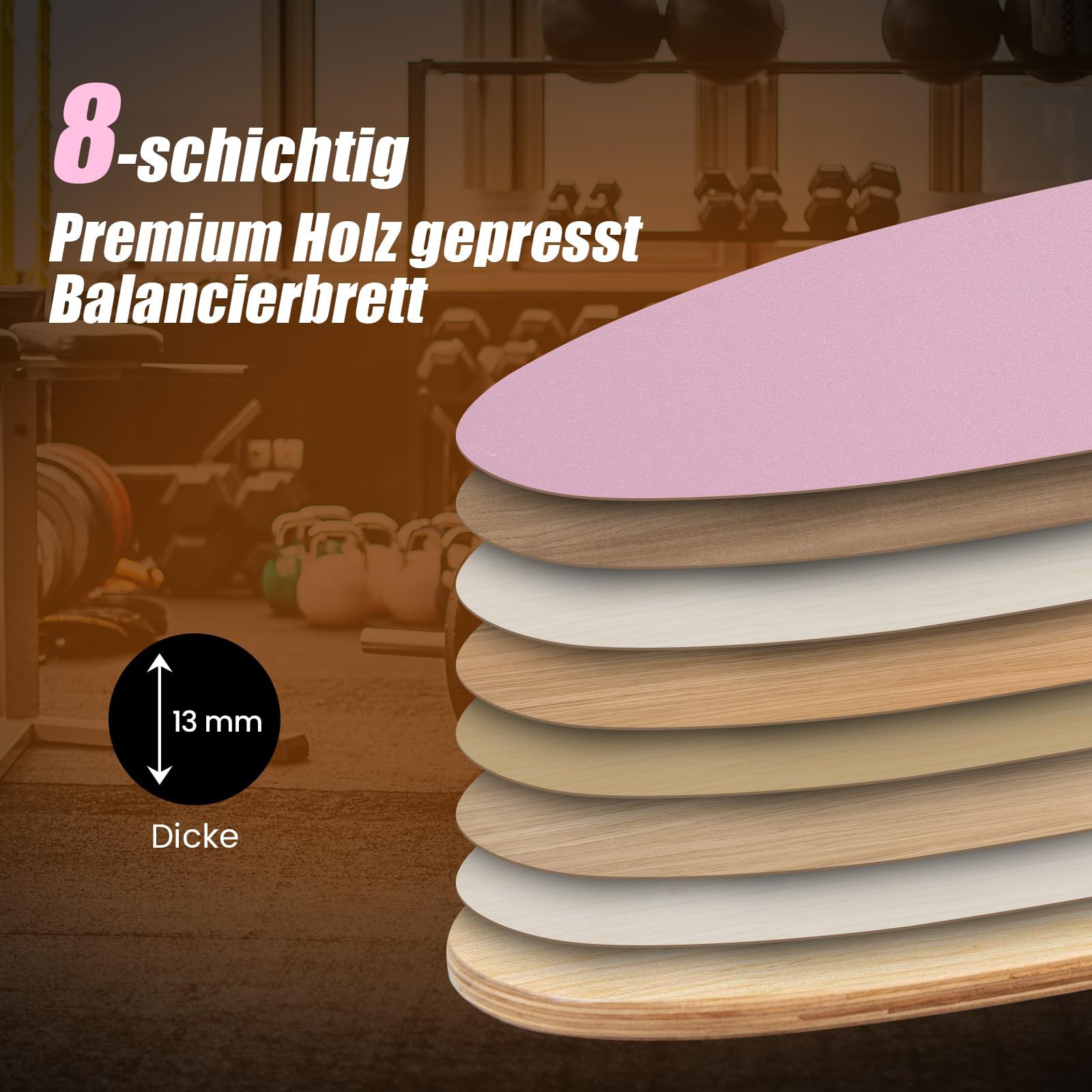 FANTASK Balancebrett aus Holz, Balance Board für zuhause mit Korkrolle, Balance Trainer Trickboard aus 8 hochwertigen Holzschichten gepresst, Rosa
