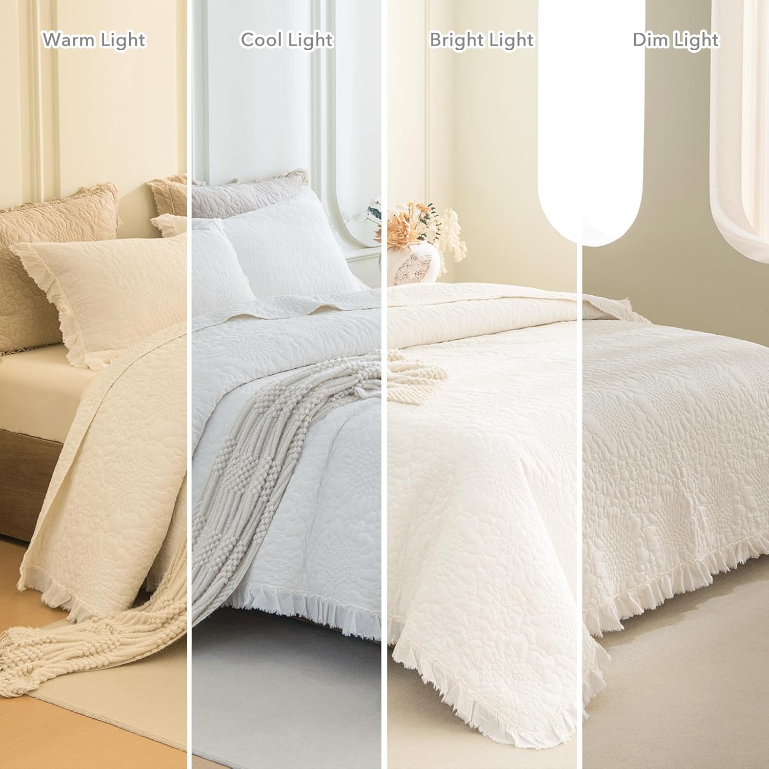 QSH Milk White Stonewashed Cotton Oversized King Quilt Bedspread Set(128"x120"),3PCs Farmhouse Ruffled Bedspread California King, Soft Lightweight Shabby Crinkled Quilt Coverlet Bed with Pillow Shams