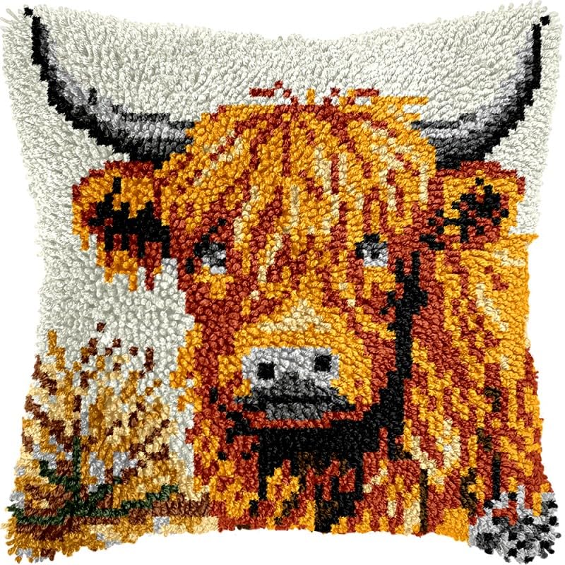 Highland Cow DIY Latch Hooking Pillow Kits for Adults Pillow Cover Preprinted Throw Pillow Needlework Crochet Yarns Latch Hook Cushion Making for Home Decor 17x17inch(x73)