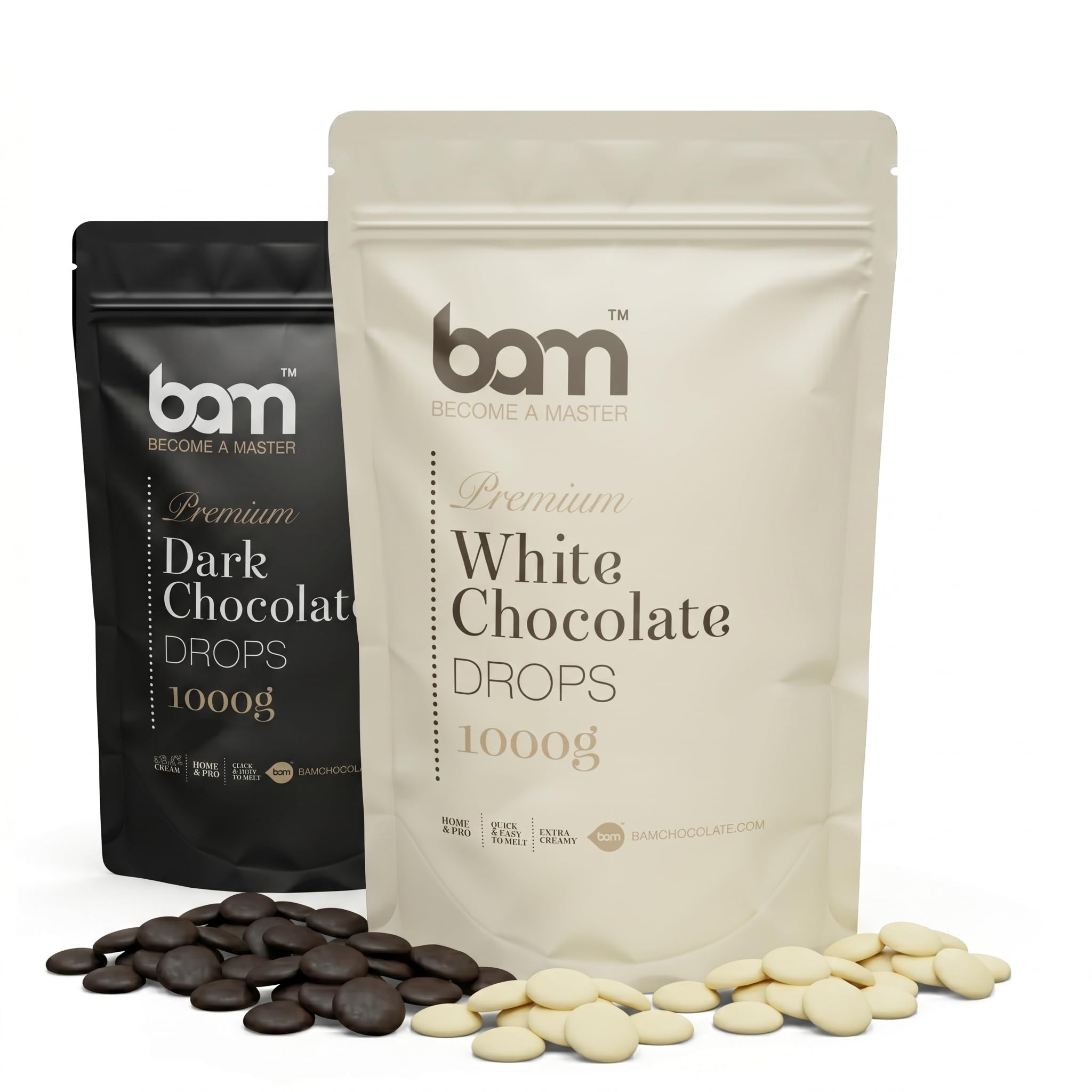 BAM Schokolade Drops Bundle – Premium Kuvertüre Weiß & Zartbitter (55% Kakao) 2 x 1000g