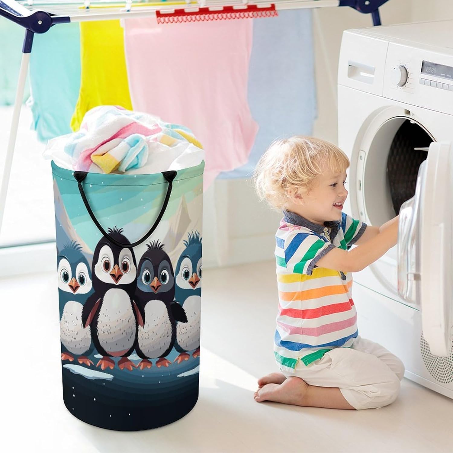 Collapsible Cute Penguins Laundry Basket Large Waterproof Clothes Hamper with Handles Tall Dirty Clothes Basket Toy Round Storage Organizer Bin for Bathroom Bedroom