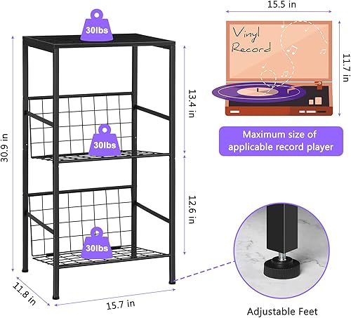 Miniatura 2 de Soporte para tocadiscos de 3 niveles, soporte de vinilo pequeño con almacenamiento de álbumes, mesa auxiliar negra para sala de estar, dormitorio,