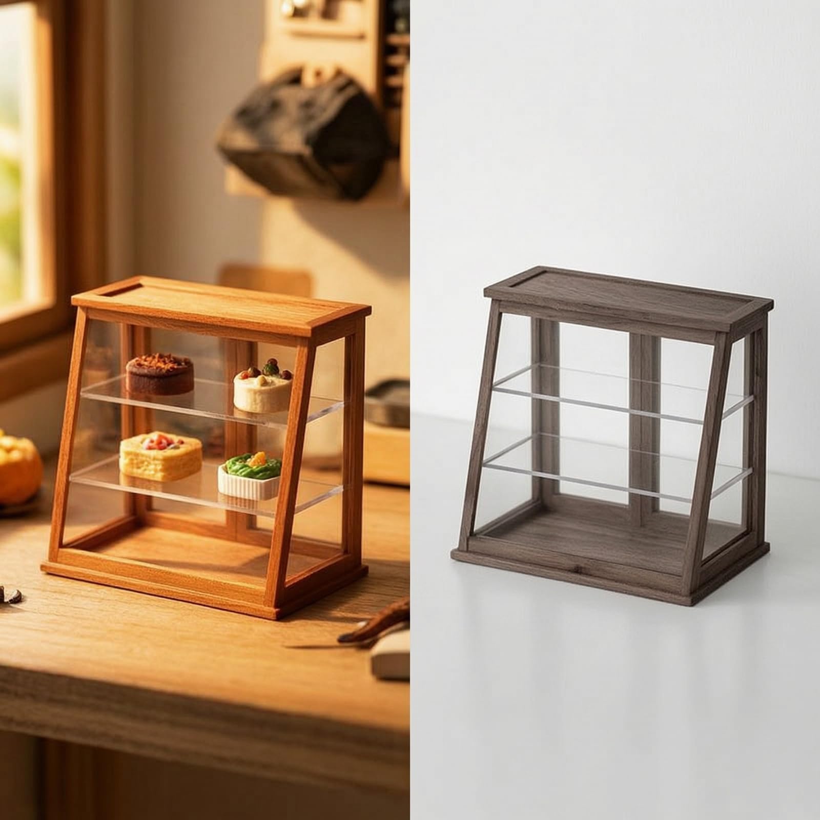 harayaa Miniatur Vitrine Puppenhaus Vitrinenschrank Schaukasten aus Holz mit Schräger Front Und Seitenscheiben Zwei Einlegeböden für Puppenhaus Laden Dioramen, Kirschbaumholz