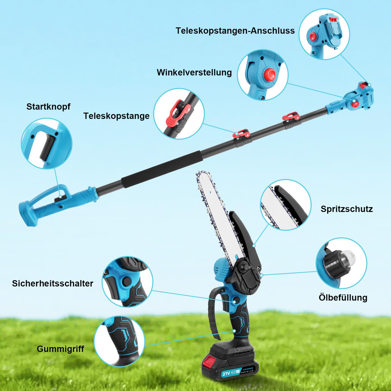 2 en 1 Mini Motosierra y Podadora de Pértiga, podadora telescopica de 1,1 a 2 m para podar árboles, Podadora de Pértiga con 2 Cadenas, Gafas, Guantes para Podar Arboles Patio de Jardín árboles