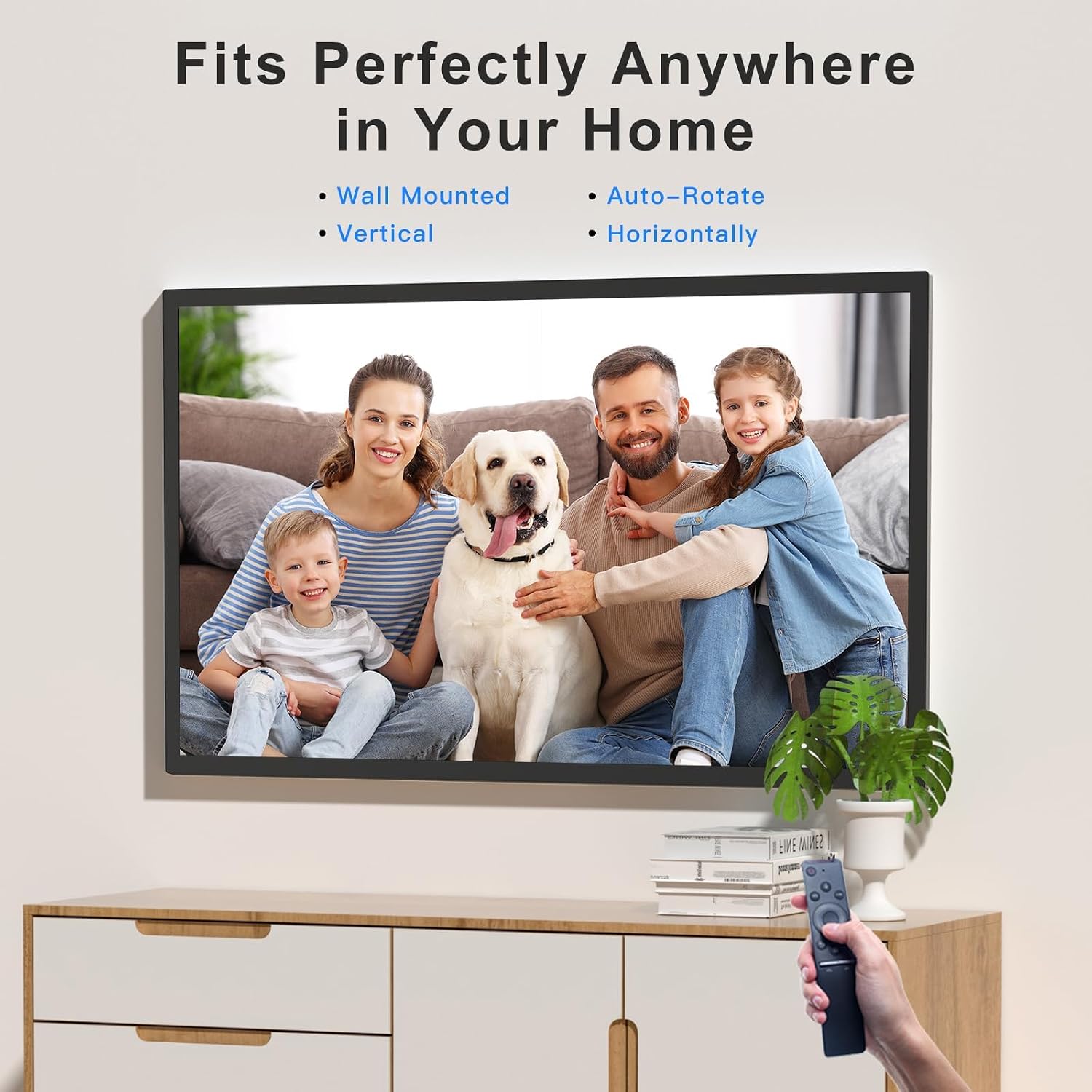Digital picture frame displaying a family photo, shown wall-mounted and on a stand, with text indicating wall-mounted, vertical, auto-rotate, and horizontally options.