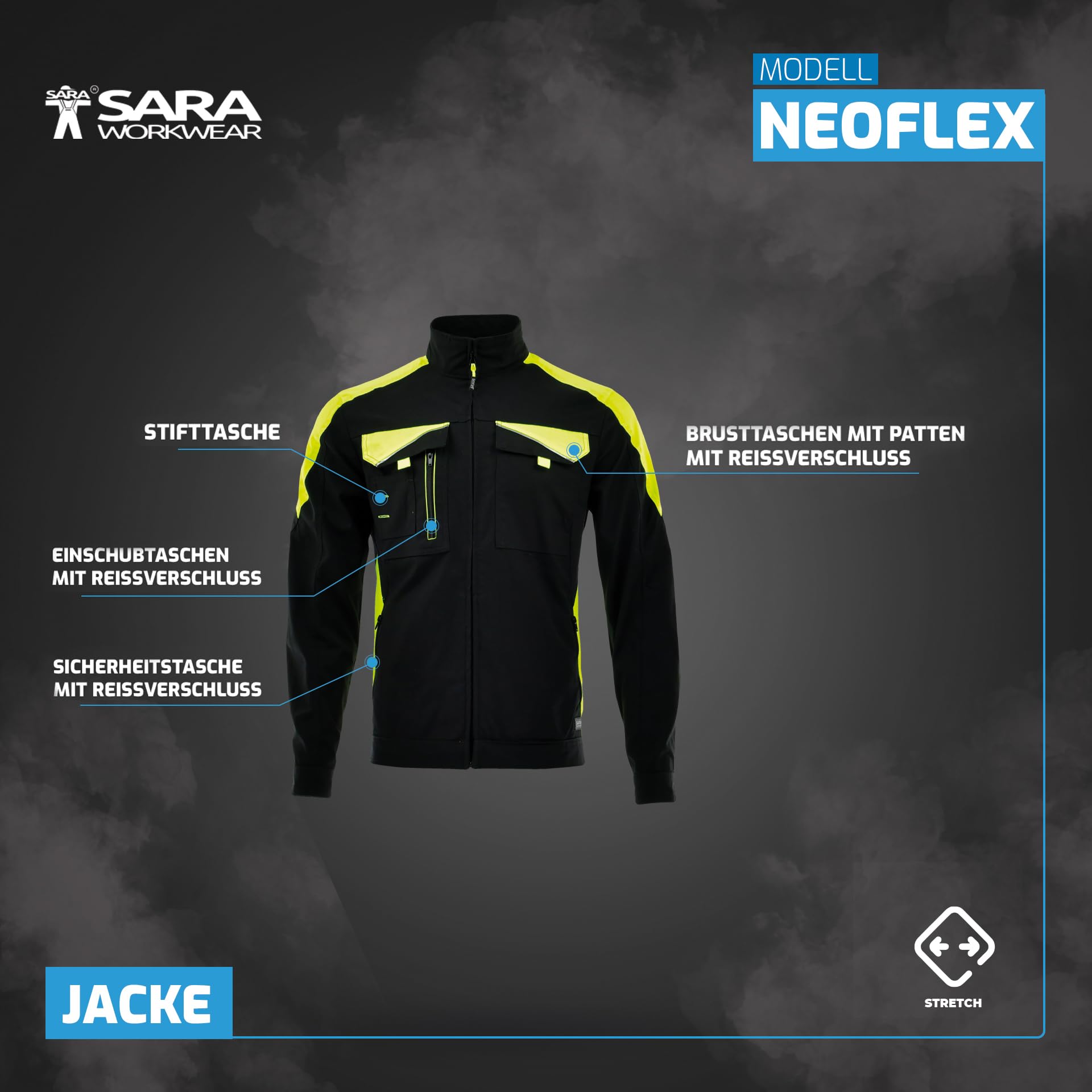 SARA Arbeitsjacke Herren - Arbeitskleidung Herren mit Stretch - Multifunktionale Bundjacke mit Reflektierenden Elementen - Arbeitsbundjacke für alle Jahreszeiten Gr.46-64
