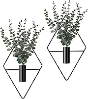 Jexine 4PCS Black Metal Hanging Planters with Artificial Eucalyptus - Geometric Boho Indoor Wall Vases for Living Room, Bathroom, Office Decor