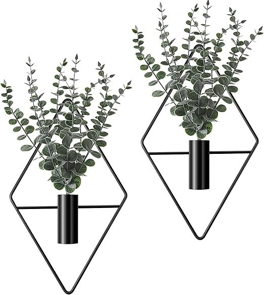 Jexine Hanging Planters with Artificial Eucalyptus Metal Hanging Vase Indoor Plants Holder Modern Geometric Boho Bathroom Wall Decor for Living Room Home Office (Black,4 Pcs)