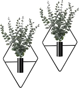 Jexine 4 Pcs Hanging Planters with Artificial Eucalyptus, Modern Geometric Wall Decor, Black