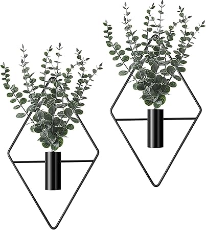 Jexine Hanging Planters with Artificial Eucalyptus Metal Hanging Vase Indoor Plants Holder Modern Geometric Boho Bathroom Wall Decor for Living Room Home Office (Black,4 Pcs)
