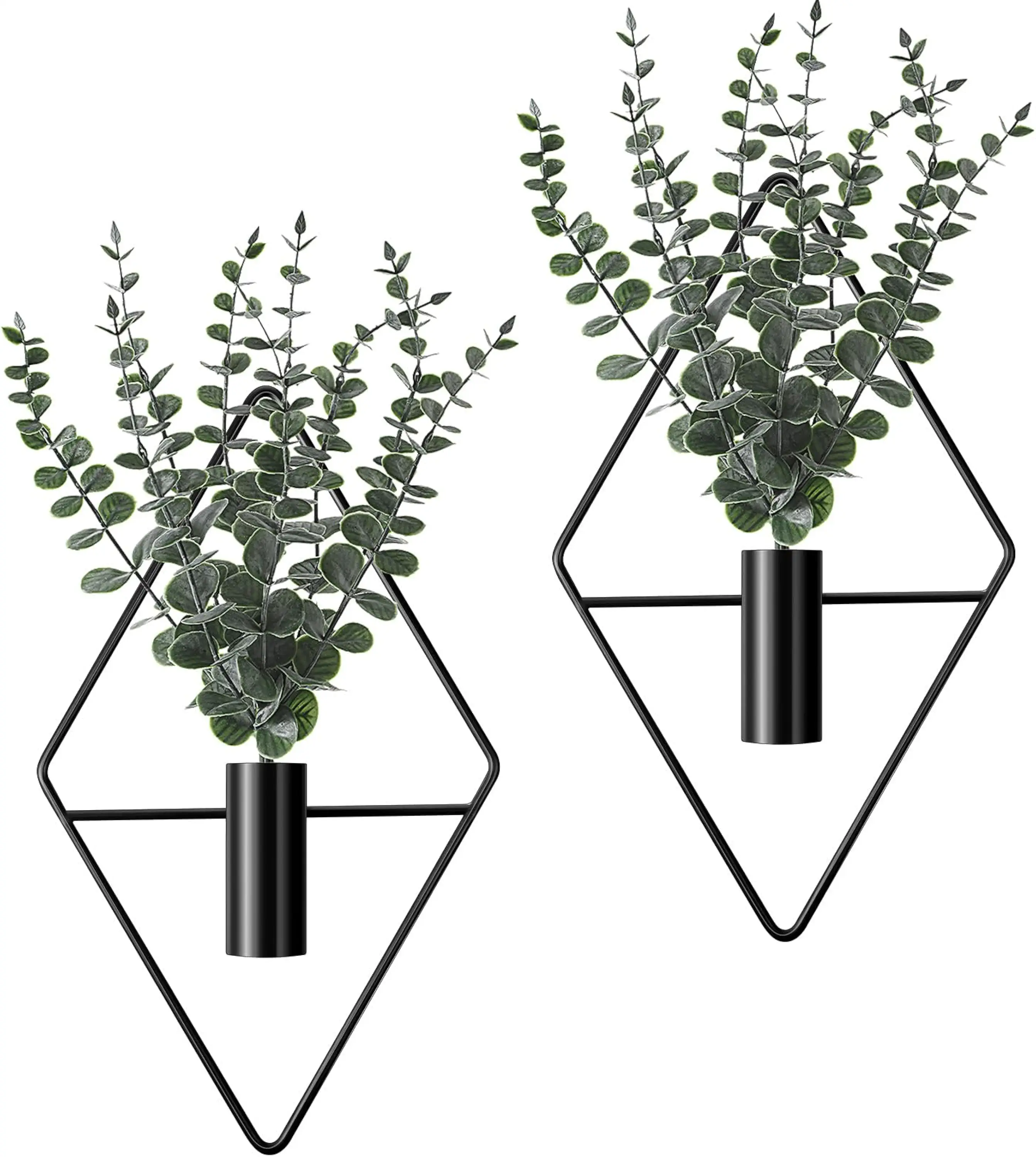 Jexine 4 Pcs Hanging Planters with Artificial Eucalyptus: Metal Hanging Vase Indoor Plants Holder, Modern Geometric Boho Bathroom Wall Decor for Living Room Home Office (Black)