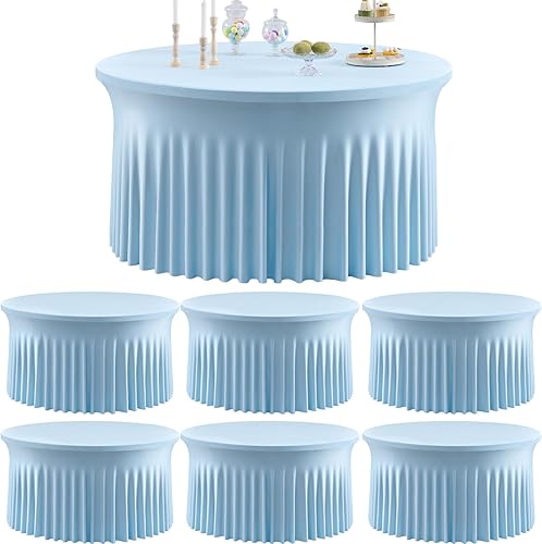 Paquete de 4 manteles redondos de elastano azul bebé de 120 pulgadas para mesas de 60 pulgadas, sin arrugas, manteles redondos elásticos de color