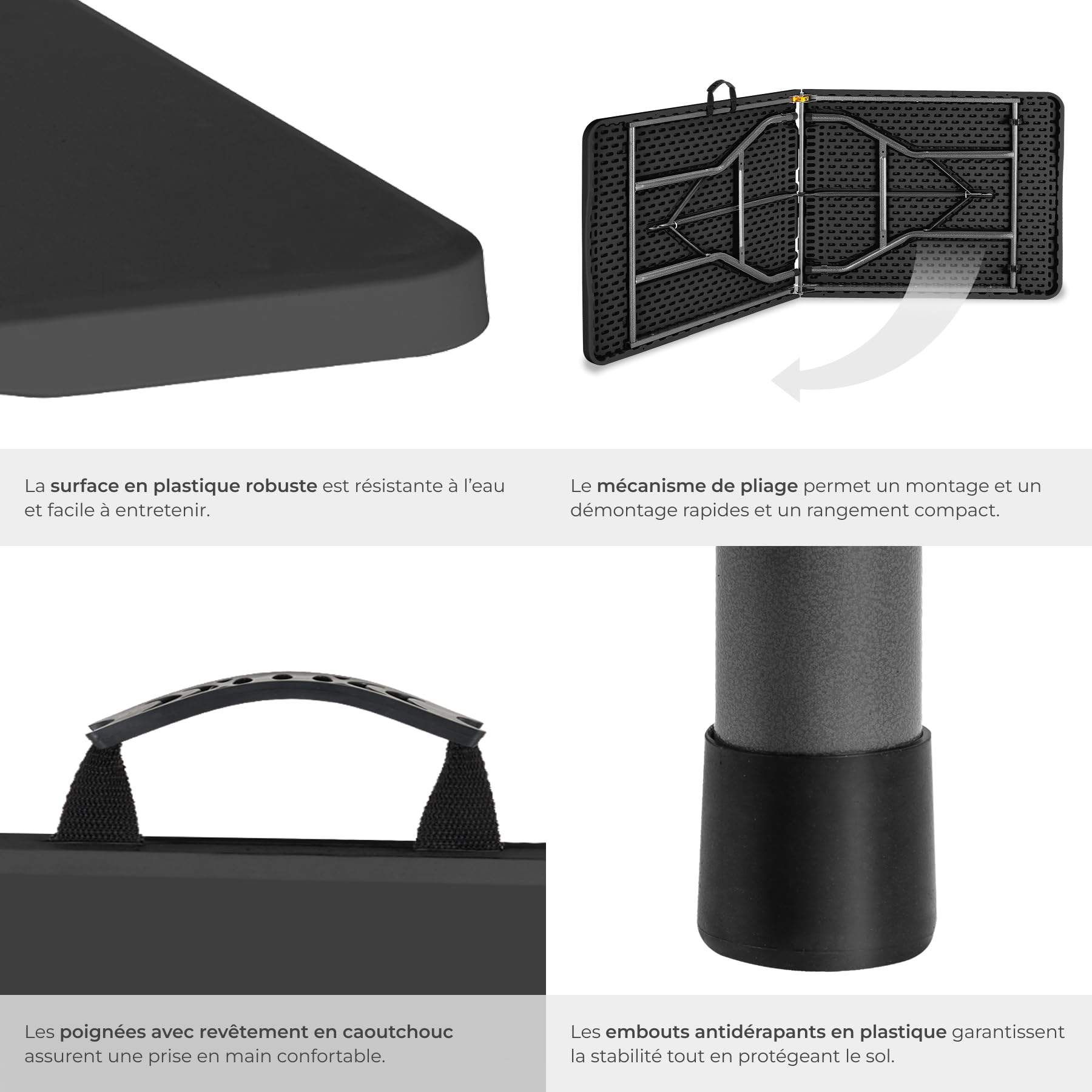 tectake® Table de Camping Pliable 180 x 70 x 74 cm, Plastique Robuste, Résistante aux intempéries, Charge Max. 120kg, Poignée de Transport caoutchoutée, Table de Pique-Nique, Jardin, Camping - Gris