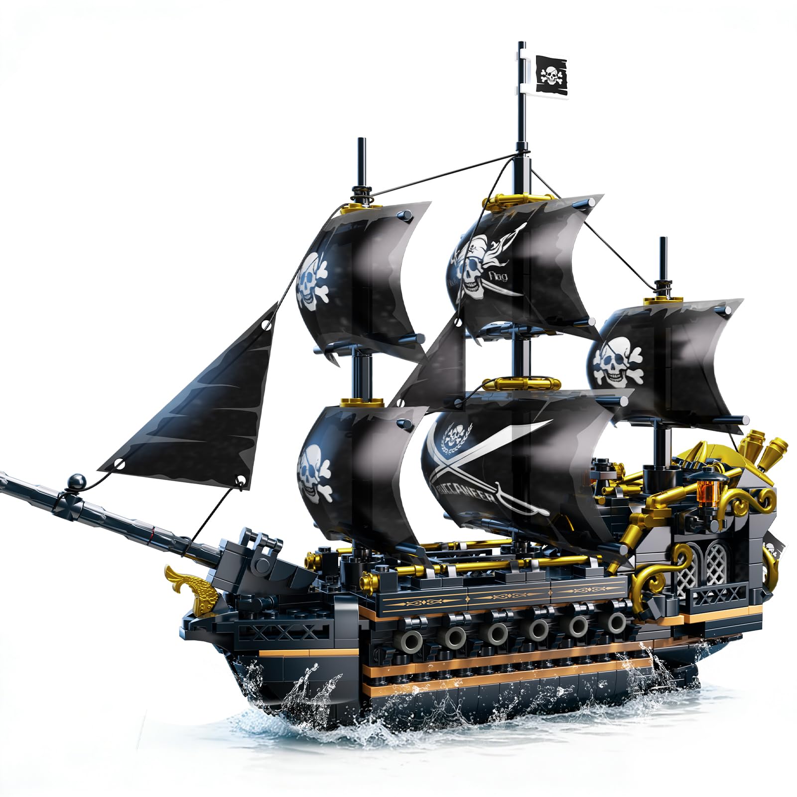 QiqoPoyee Pirate Ship Building Blocks, Large Black and Gold Pirate Ship Model, Detailed Construction Set for Adults and Kids, Collectible Display Toy Gift for Home Decoration