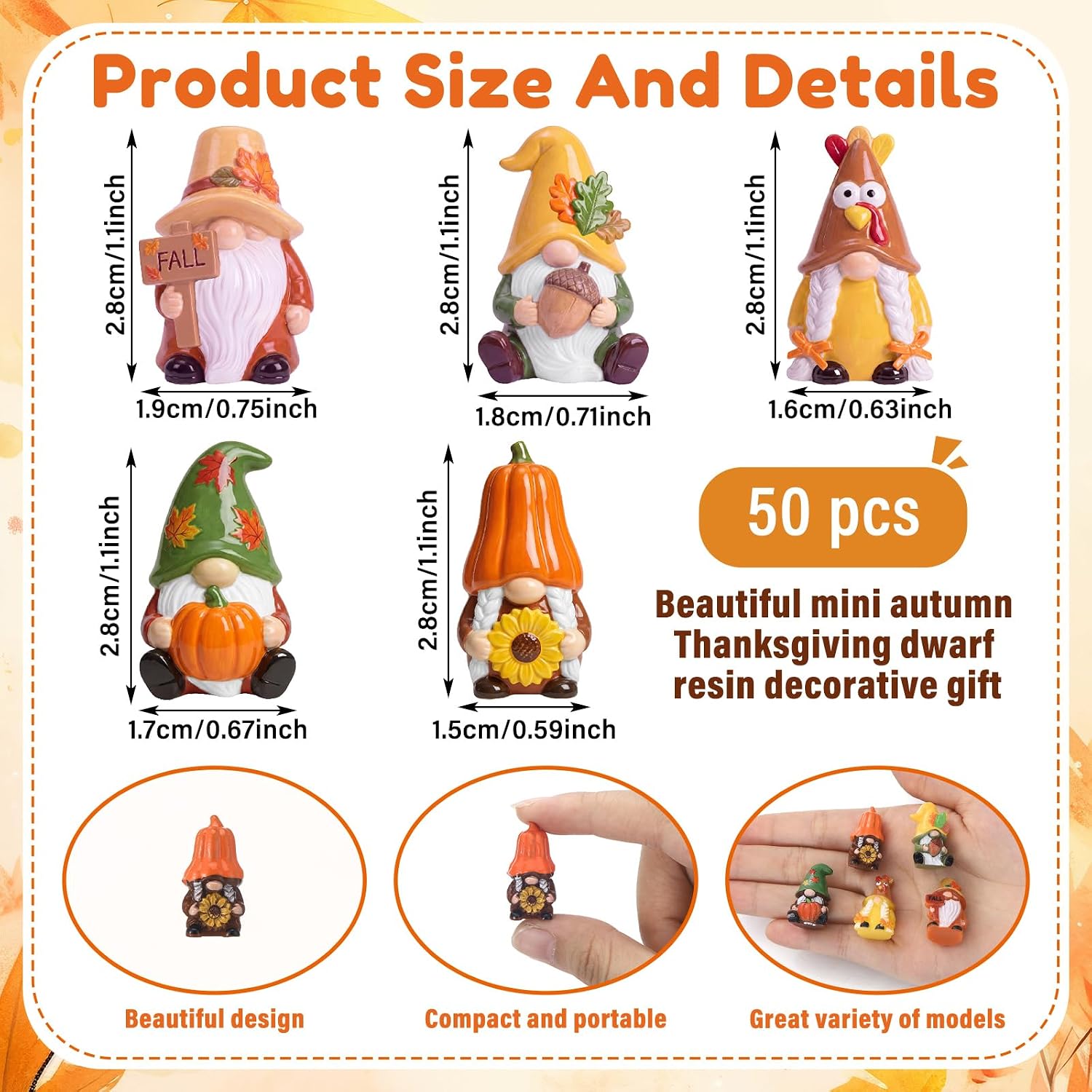 AceOrbit 50 Pcs Fall Mini Gnome Figurine Miniature Resin Gnomes Decor