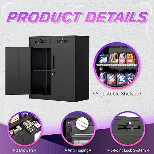 Miniatura 4 de Superday Vitrina de metal con puerta de vidrio templado, gabinete de almacenamiento con 4 estantes ajustables, estantería multifuncional de 72.3