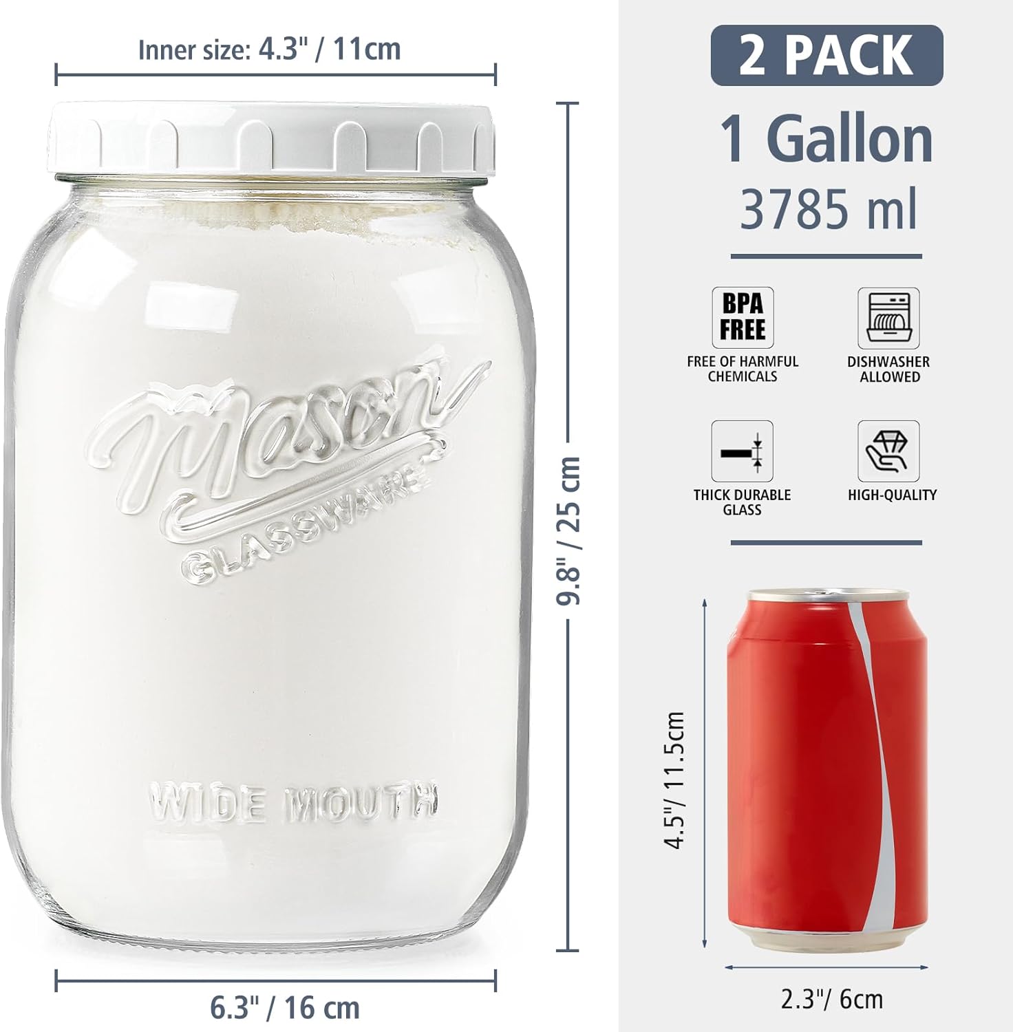 Folinstall 2 Pack 1 Gallon Glass Jar with Lid, Wide Mouth Mason Jars, Large Glass Flour Storage Containers with Airtight Lids, Candy Jar Safe for Cookie, Kombucha, Pickle, Sugar