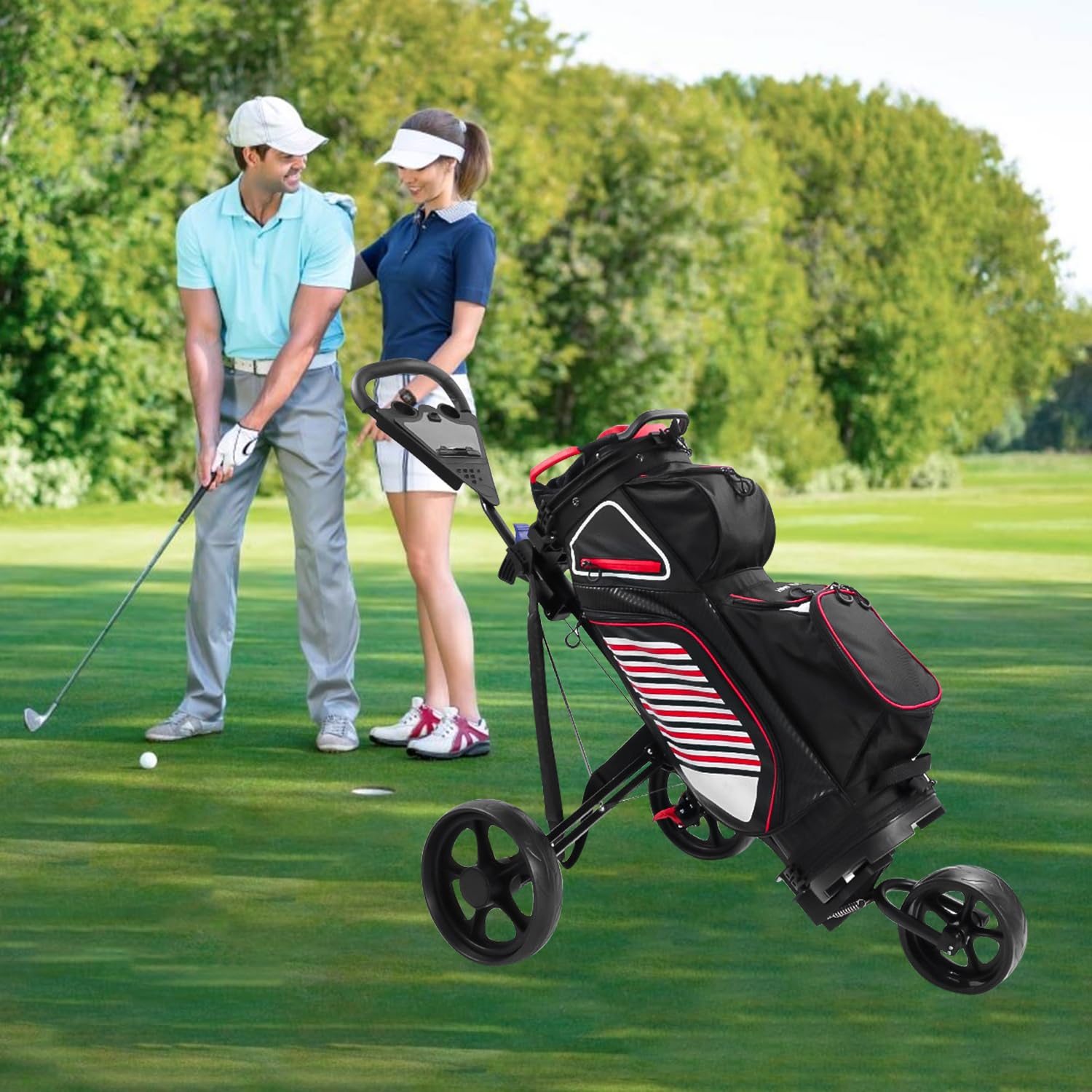 Golf Trolley, Leichte Faltbare Golf Buggy, Verstellbare Elastische Riemen, FußBremse Scorecard Cup Holder, GroßE RäDer FüR Verschiedene Terrains
