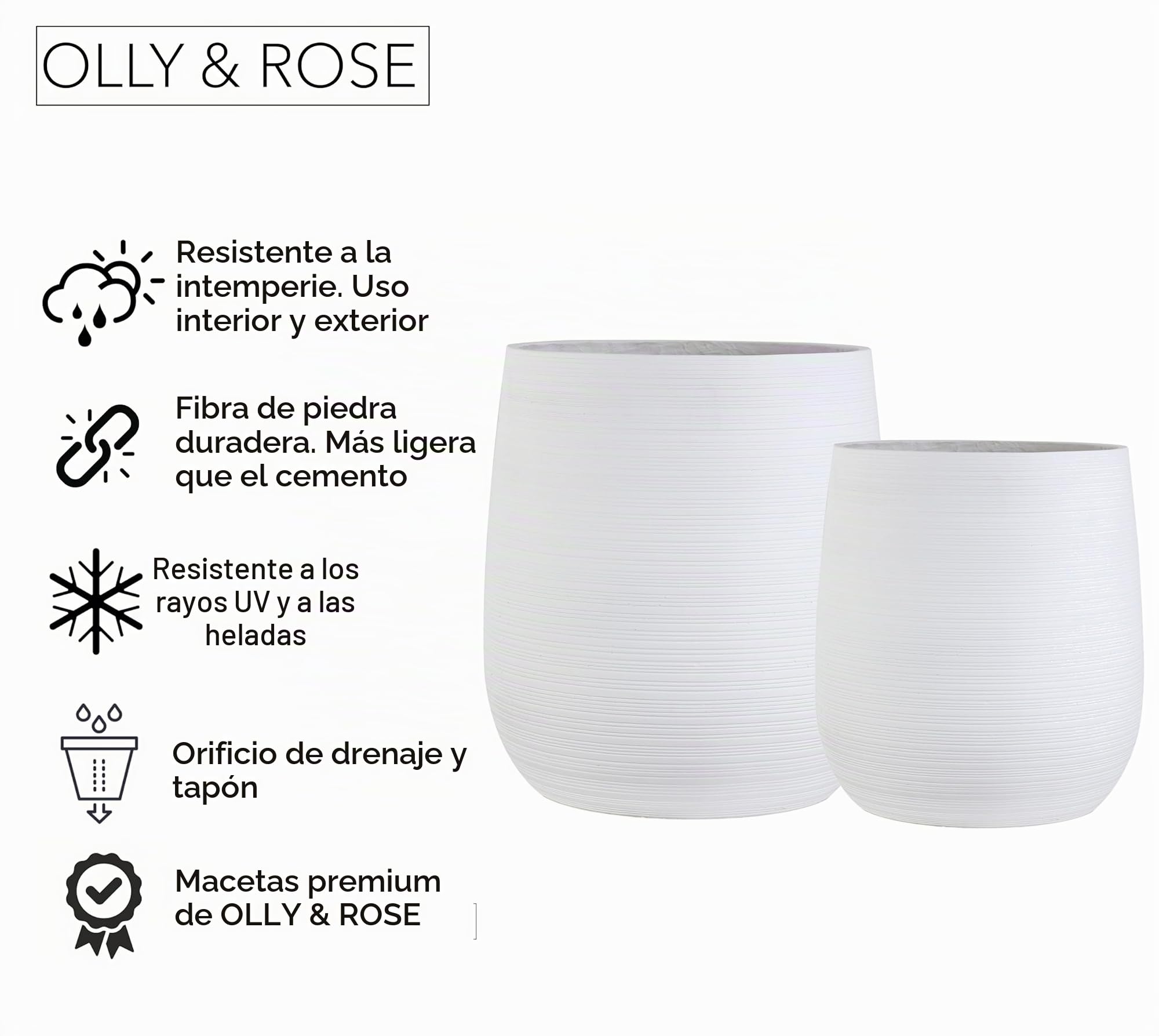 Olly & Rose Maceta extragrande con patrón – Maceta de jardín blanca – Maceta XL – 50 cm de alto x 45 cm de profundidad + 40 cm de alto x 38 cm de profundidad