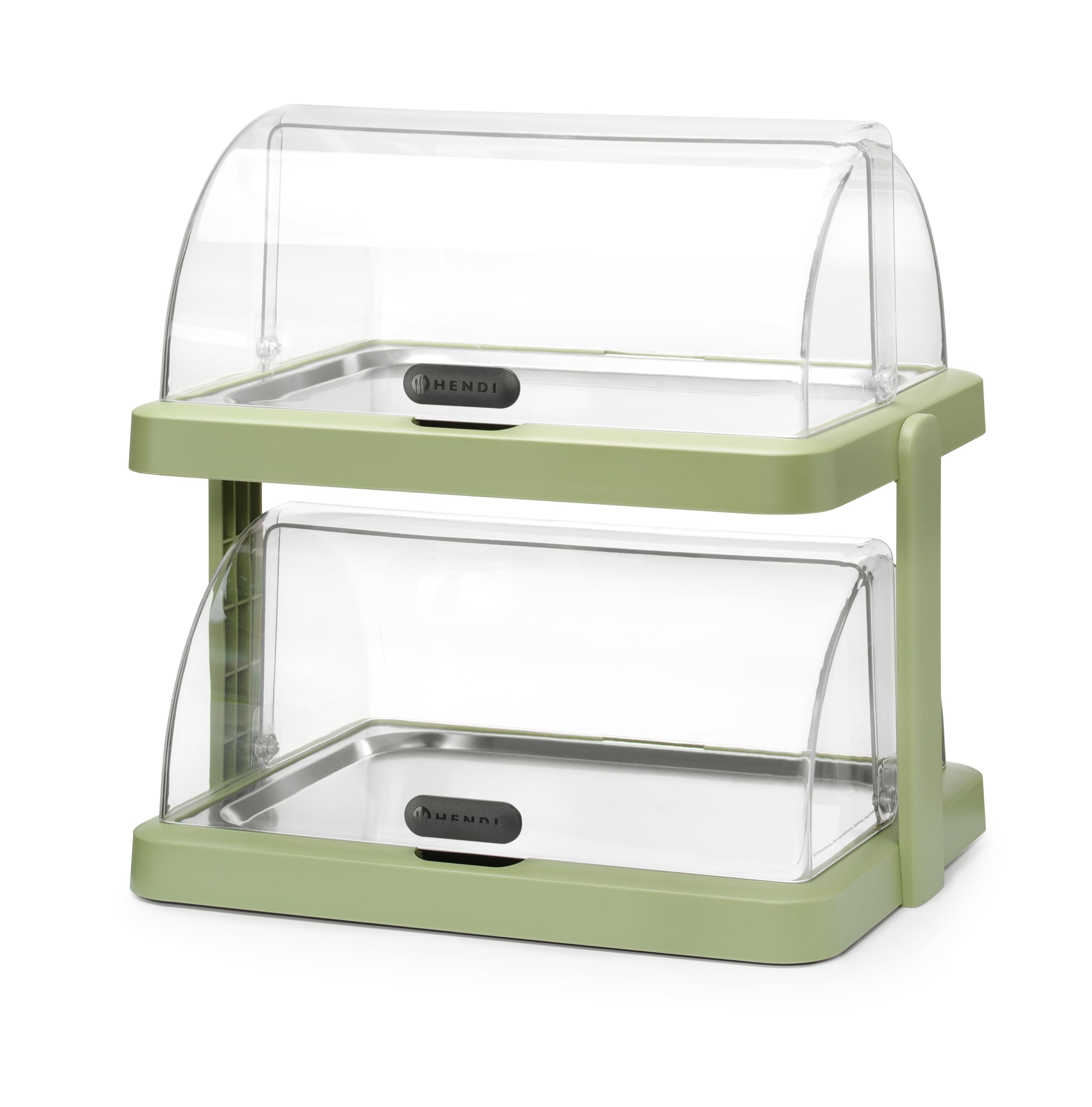 HENDI Vitrine réfrigérée double de présentation Duo UNIQ, Vert | ABS et PET transparent, 2 couvercles coulissants roll-top, 2 plateaux inox 40x30cm, 4 accumulateurs de froid,480x355x(H)480mm