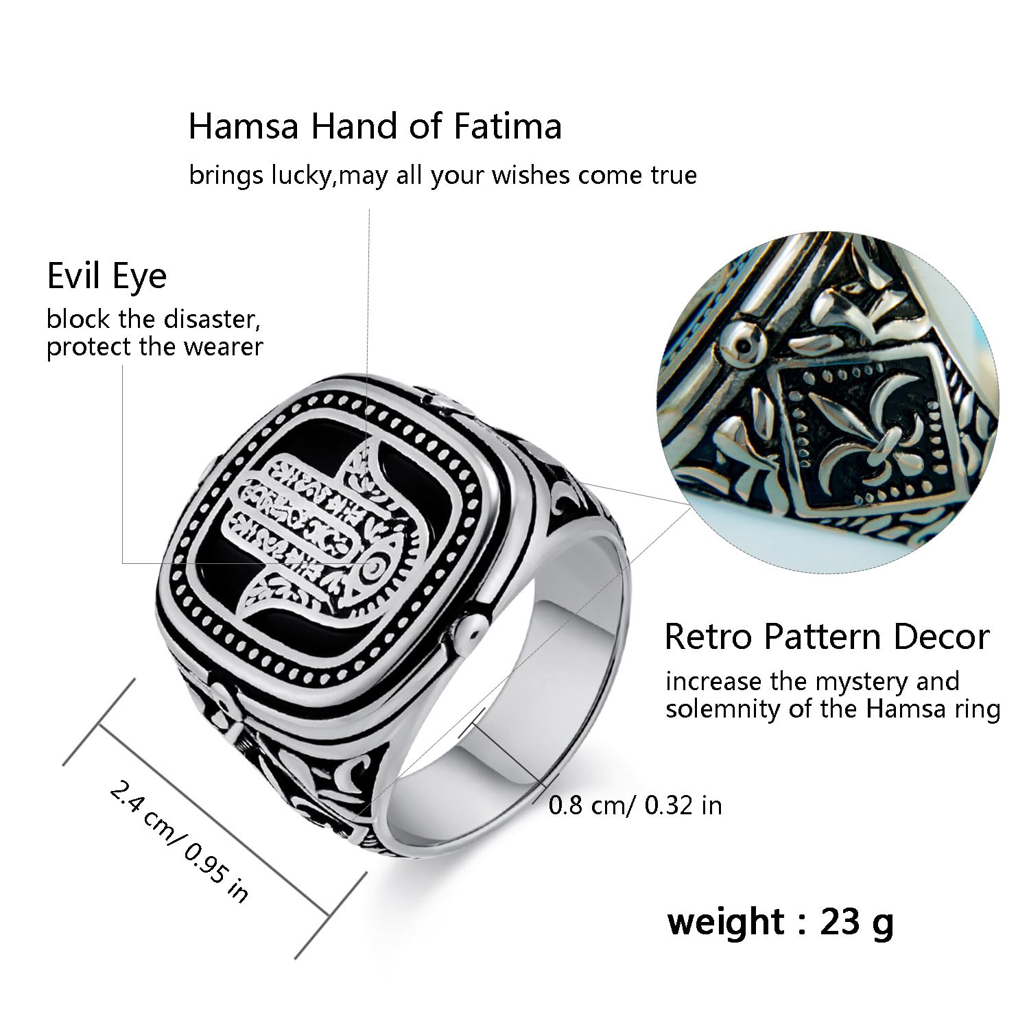 Anillo Hamsa de acero inoxidable con sello de mano de Fátima, amuleto de protección de joyería vintage para hombres y mujeres, regalo de Navidad, Acero inoxidable, Sin piedras preciosas 2