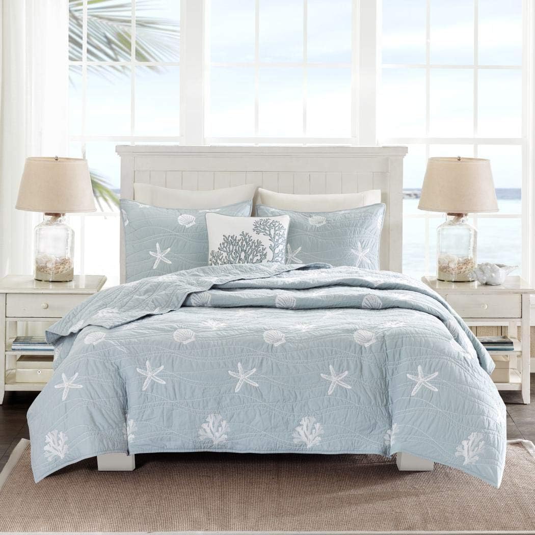 Aeiniwer 4 Piece Chic Grey Blue White Full Queen Coverlet Set, Beach Themed Bedding Seashell Starfish Stylish Trendy Modern Pretty Nautical Beach Seaside Coastal Cute Coral, CottonF