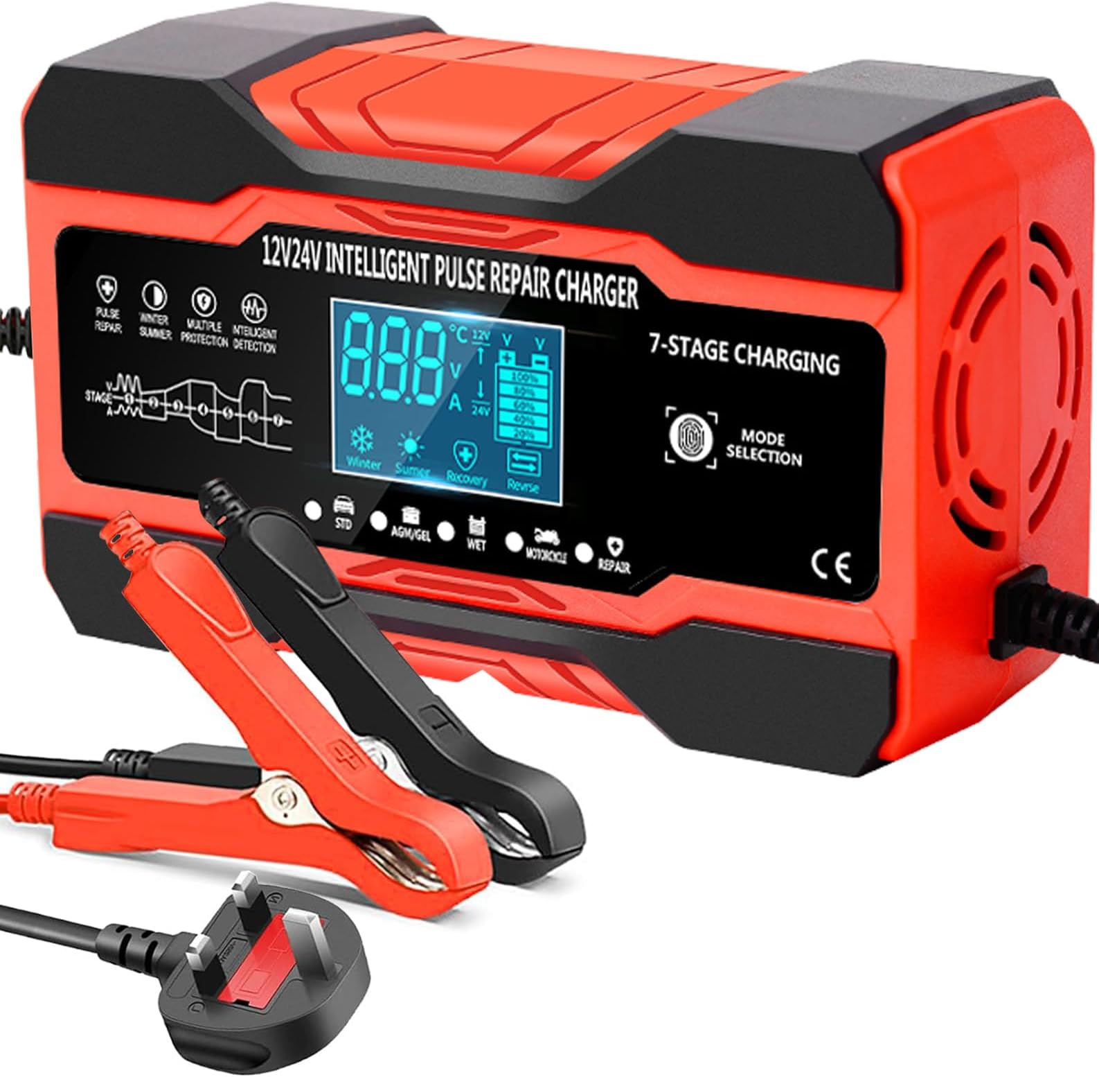 12V/24V 10Amp Car Battery Charger, Automatic Battery Charger with Temperature Compensation, Repair/Maintains for Cars SLA, AGM, WET & GEL Lead Acid Batteries