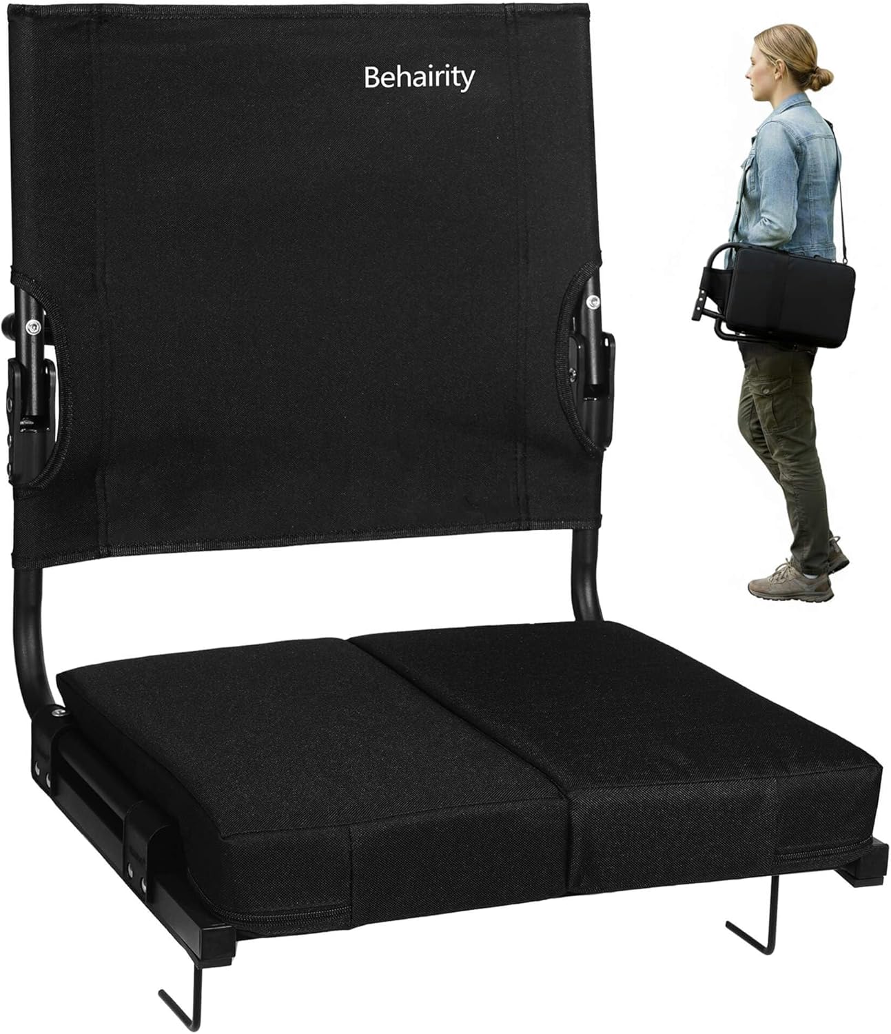 Portable Stadium Seat for Bleachers with Back Support, Wide Padded Bleacher Chair with High Back and Thick Cushion for Adults, Folding Stadium Chair for Football Sports Events (Black)