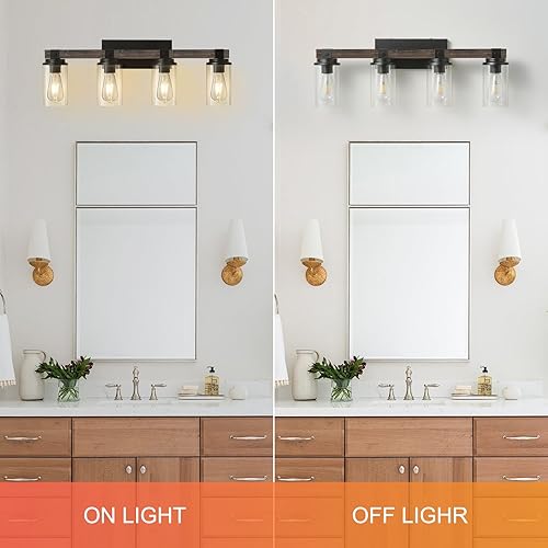 Miniatura 6 de Lámpara de tocador de baño de granja, 4 apliques de luz, iluminación de pared rústica de madera, lámparas de baño sobre el espejo, lámpara de