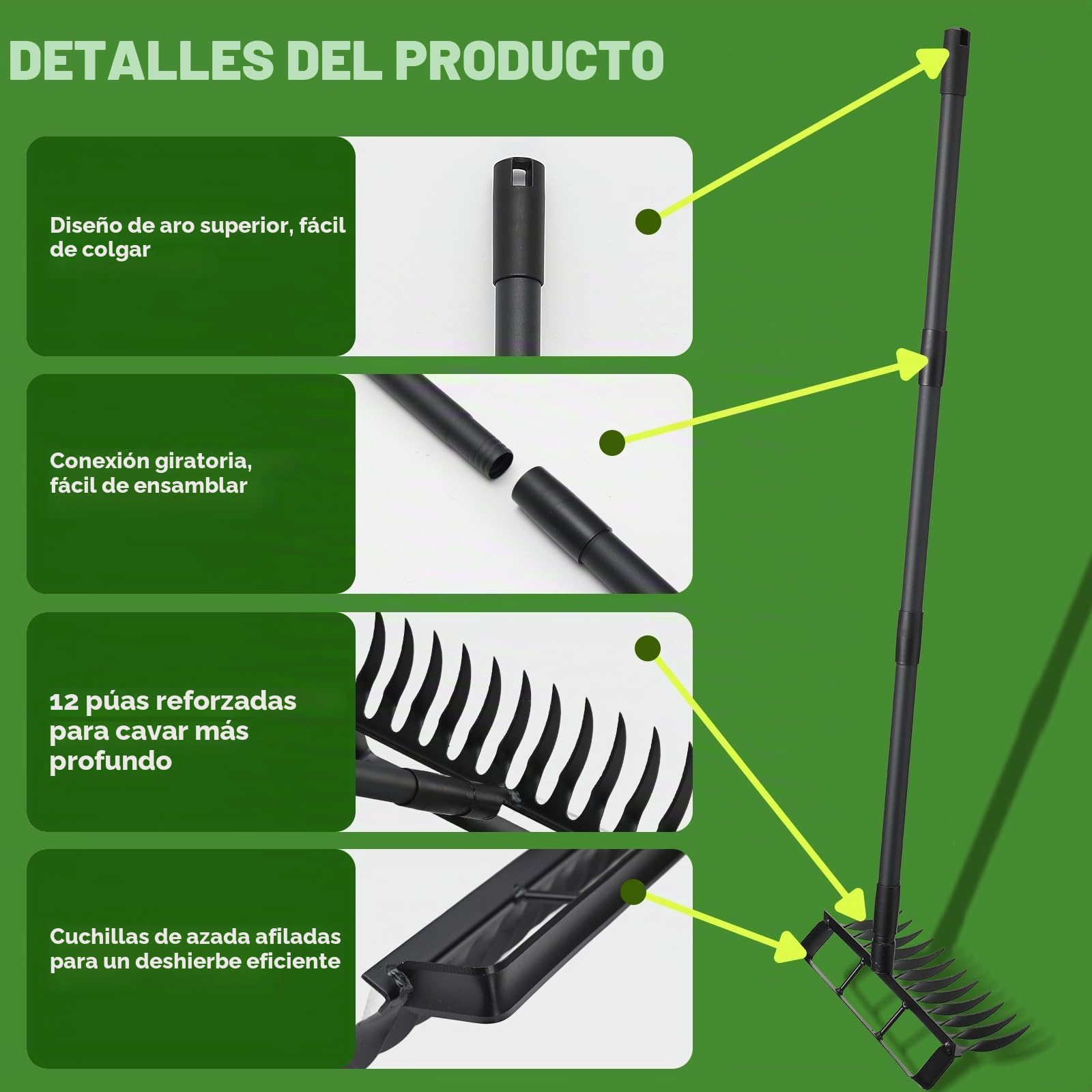 Herramienta de jardín azada 2 en 1, cultivadores de 12 dientes para jardinería, herramienta extractora de malas hierbas con mango largo de 193 cm para jardinería, deshierbe, siembra, excavación