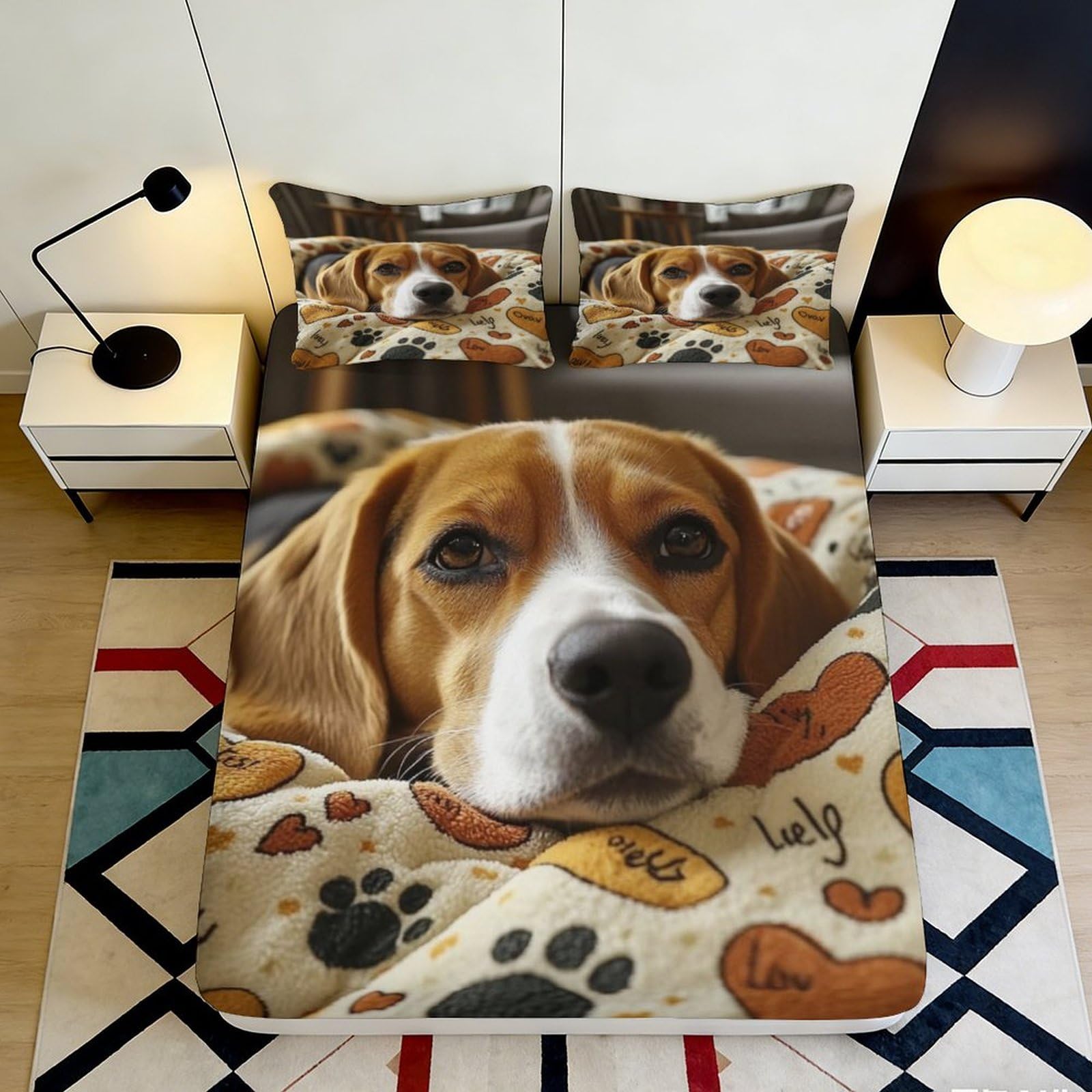3D Printed Beagle Puppy Fitted Sheet Microfiber Soft Anti-Slip Heart Paw Bed Cover for Bedroom Guest Room Easy Care 120x200x25cm