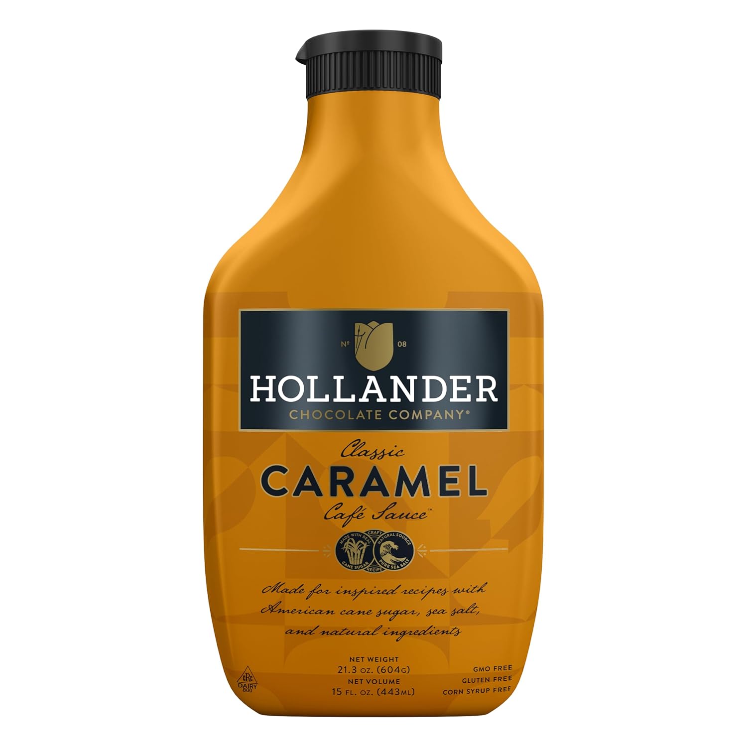 Hollander Caramel Café Sauce - GMO Free, No Corn Syrup, Soy/Gluten Free - 15oz Squeeze Bottle Flip Cap
